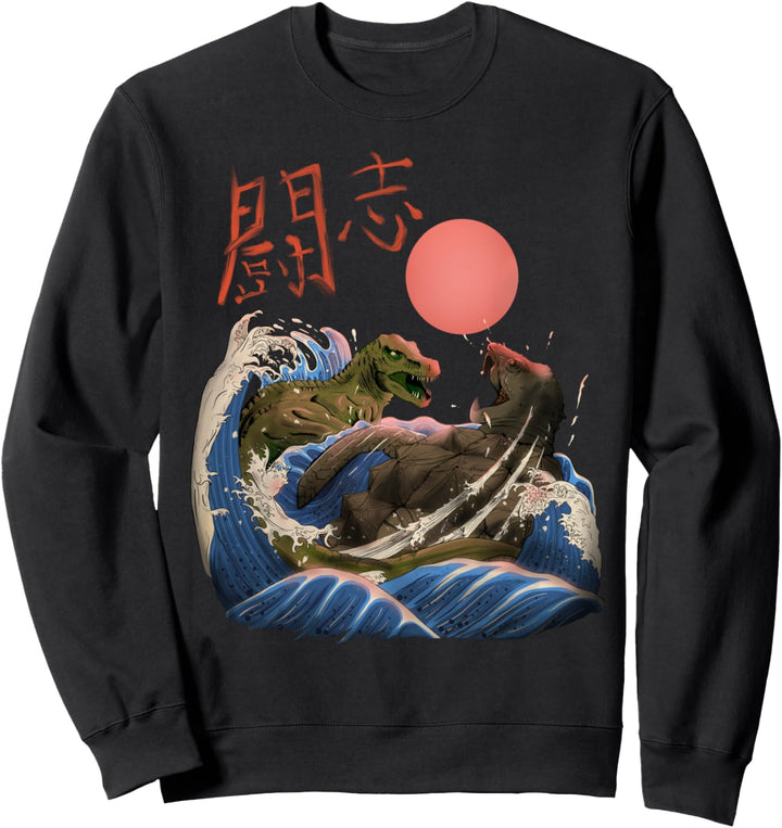 Dino in Japan Kanagawa Welle mit Kanji Dinosaurier Kaiju Sweatshirt