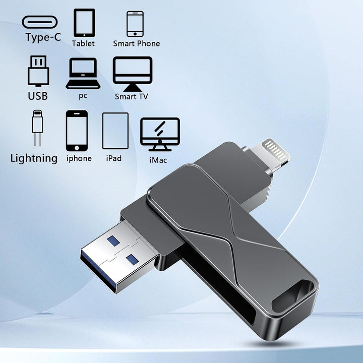 USB-Stick 256GB für iPhone iPad, MFi-zertifizierter Lightning 3-in-1 Externer Speicherstick, USB-Fla
