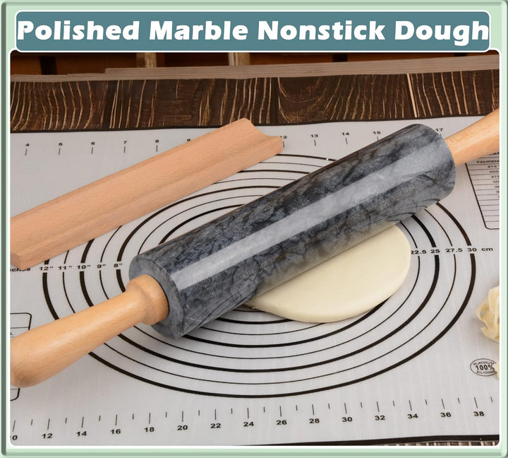 Marmor-Nudelholz mit Holzwiege, dicker Griff, Set zum Backen, 47 cm, hochwertige polierte Walze für
