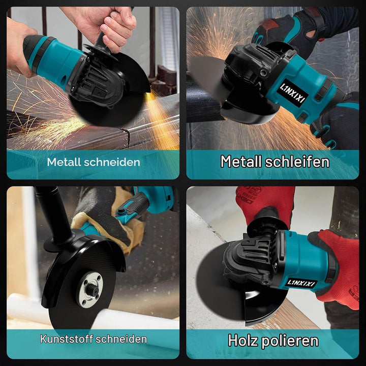 Akku Winkelschleifer Set 115mm (Makita 18V kompatibel), bürstenloser Motor 8500 U/min, inkl. 2x 2.0A