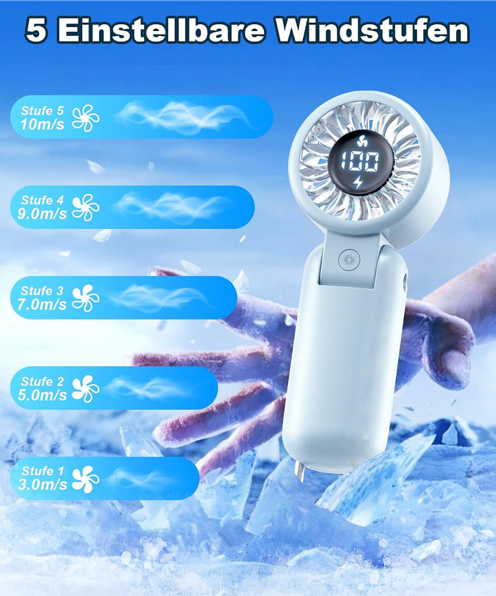 Handventilator mit LED-Anzeige, Mini Ventilator Tragbar Akku Wiederaufladbar, Faltbar USB Tischventi