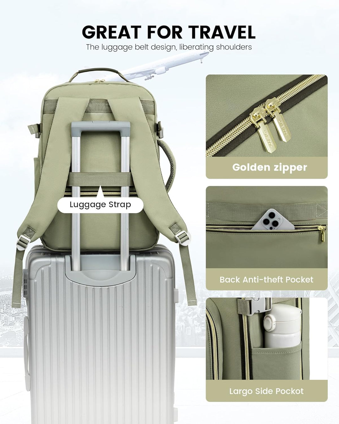 LOVEVOOK Handgepäck Rucksack Flugzeug, 40L Gross Reiserucksack Damen Kofferrucksack, Wasserdicht Rei