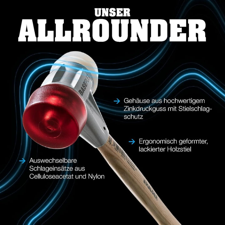 BASEPLEX-Schonhammer, Nylon/Nylon mit Zinkdruckguss-Gehäuse und Holzstiel | D=25 mm | 3908.025 Ø=25