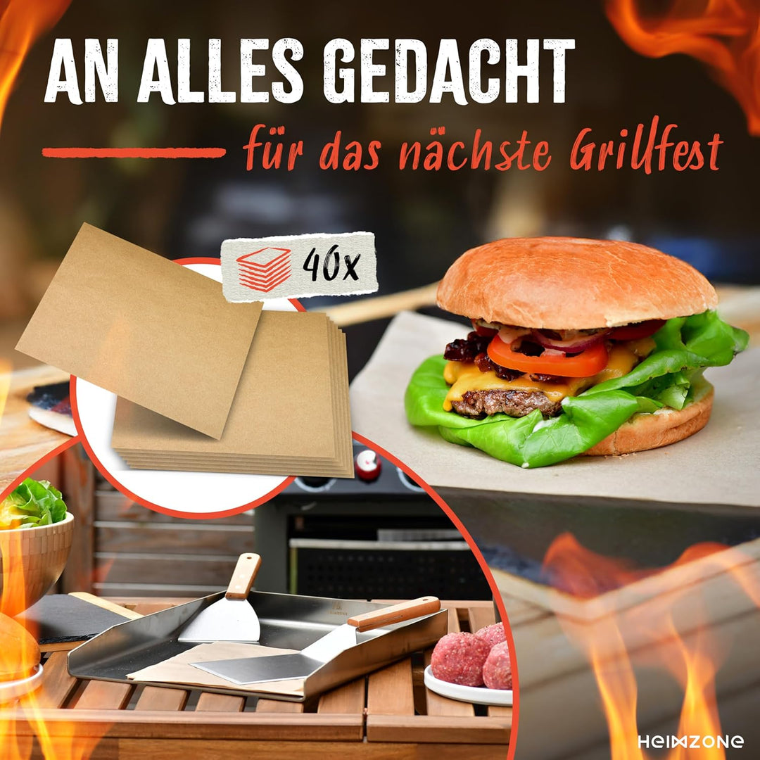 HEIMZONE® Plancha Grillplatte 40x30cm [NEUE VARIANTE 2026] - Edelstahl-Platte mit auslaufsicheren Ec