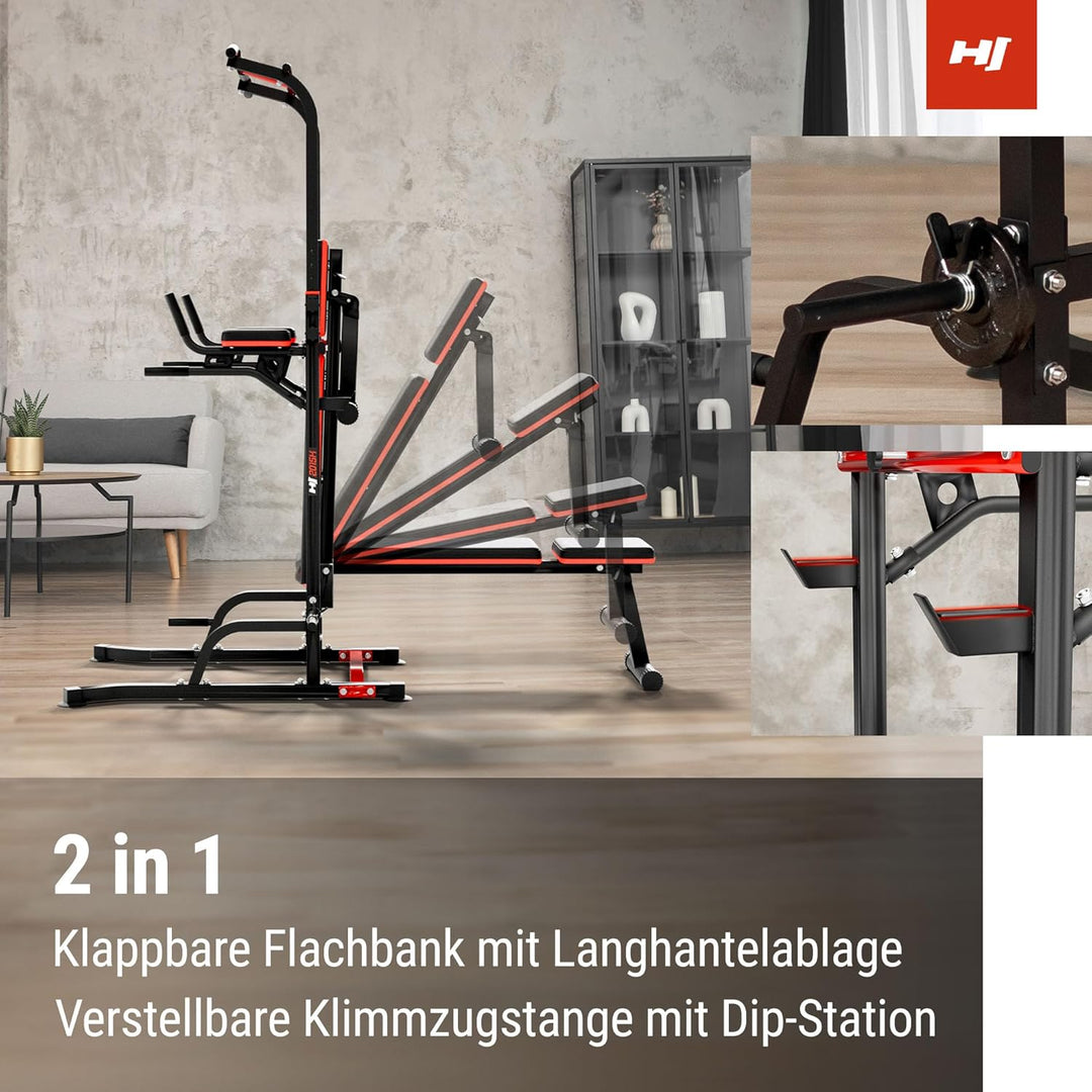 Hop-Sport Power Tower mit Klimmzugstange, Hantelbank &amp; Dip-Station, Fitnessgerät für Zuhause, Calist