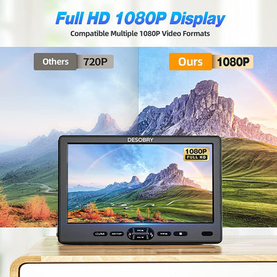 DESOBRY Auto DVD Player 10,5 Zoll 2 Monitore Kopfstütze 2 Kopfhörer HDMI Eingang AV Kabel, Tragbarer