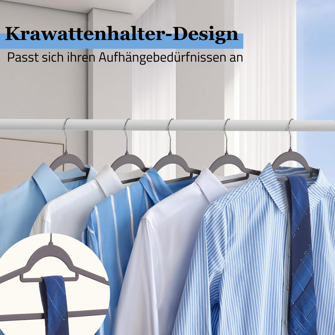 Kleiderbügel Samt 50er Set – Samtbügel grau - rutschfest mit Kunststoffkern, Hosensteg, Kerben & 360