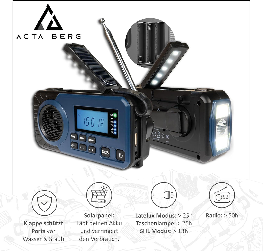 Acta Berg Kurbelradio | Notfallradio mit Kurbel & 5000 mAh Akku | Solar Radio mit Weltempfänger | Ha