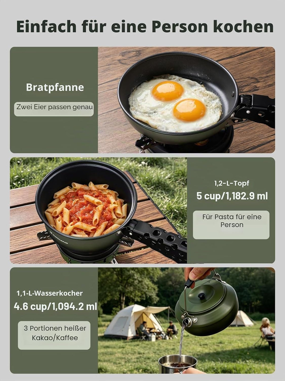 Odoland 5pcs Camping Geschirr Set, Antihaft-Leichtgewicht Topf Pfanne Kettle Set mit einem abnehmbar