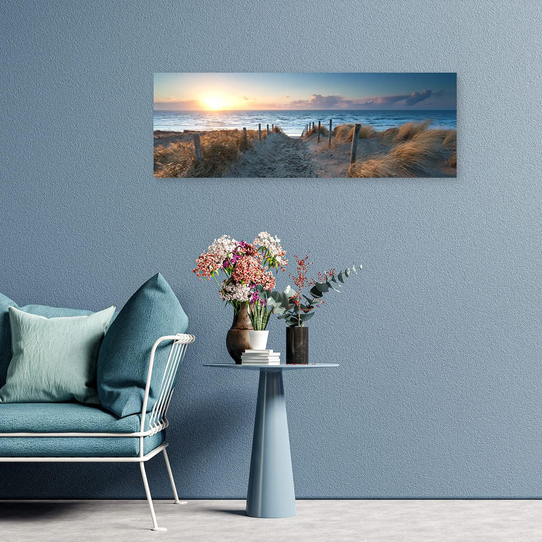 Feeby Vlies Leinwandbild Sonnenuntergang Strand Meer 150x50 cm Wanddeko Design Kunstdruck Zimmerdeko
