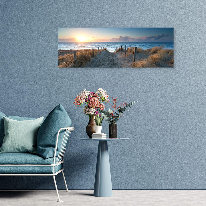 Feeby Vlies Leinwandbild Sonnenuntergang Strand Meer 150x50 cm Wanddeko Design Kunstdruck Zimmerdeko