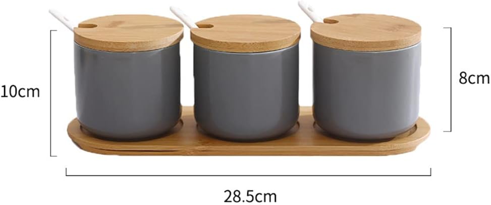OnePine 3er Set Keramik Gewürzdosen Salztopf Keramik Zuckerdose Gewürzgläser mit Löffel und Bambus D