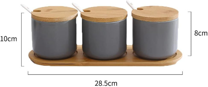 OnePine 3er Set Keramik Gewürzdosen Salztopf Keramik Zuckerdose Gewürzgläser mit Löffel und Bambus D