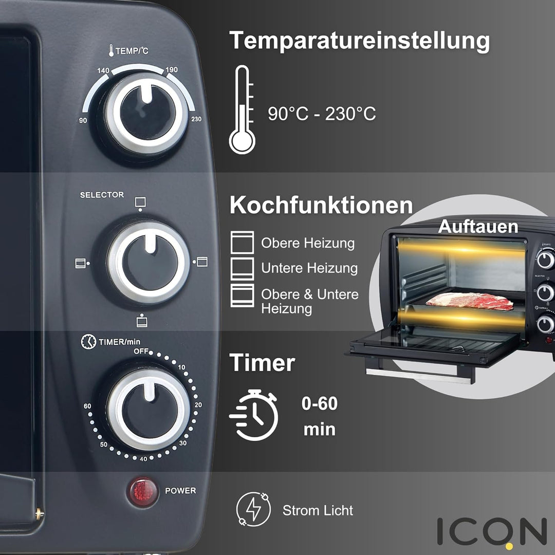ICQN Kompakter Minibackofen 15 Liter, 1200W, 60 min-Timer, 3 Kochfuntionen, 90°-230°C, Kleiner Campi