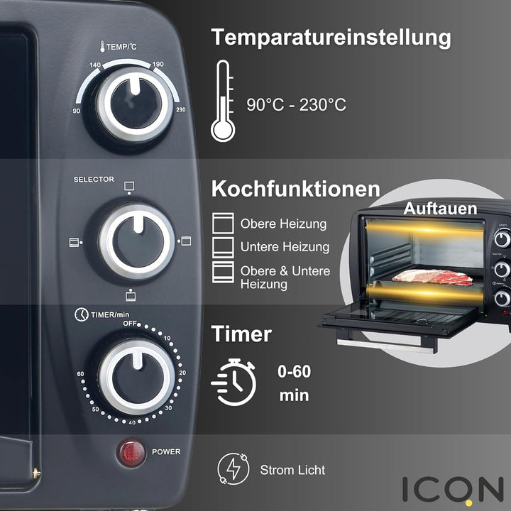 ICQN Kompakter Minibackofen 15 Liter, 1200W, 60 min-Timer, 3 Kochfuntionen, 90°-230°C, Kleiner Campi