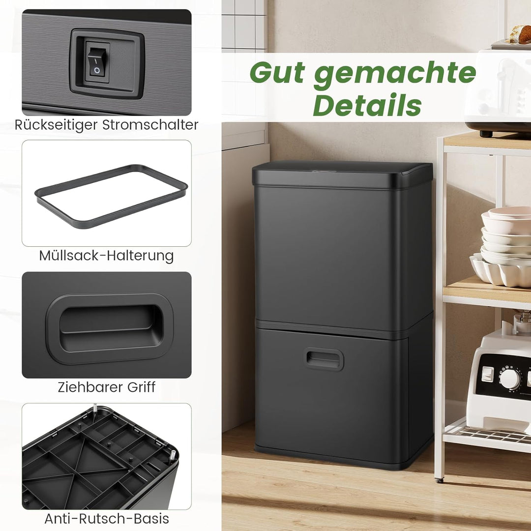 COSTWAY Mülleimer 3 Fächer, 56L Mülltrennsystem inkl. 2 ausnehmbaren Abfallbehältern, 2 x 10L + 36 L