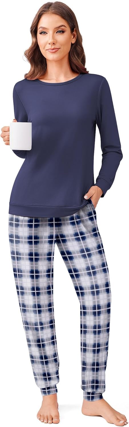 Ekouaer Schlafanzug Damen Lang Kuschelig Pyjama Set mit Bündchen Kariert Pyjamahose mit Tasche Blau