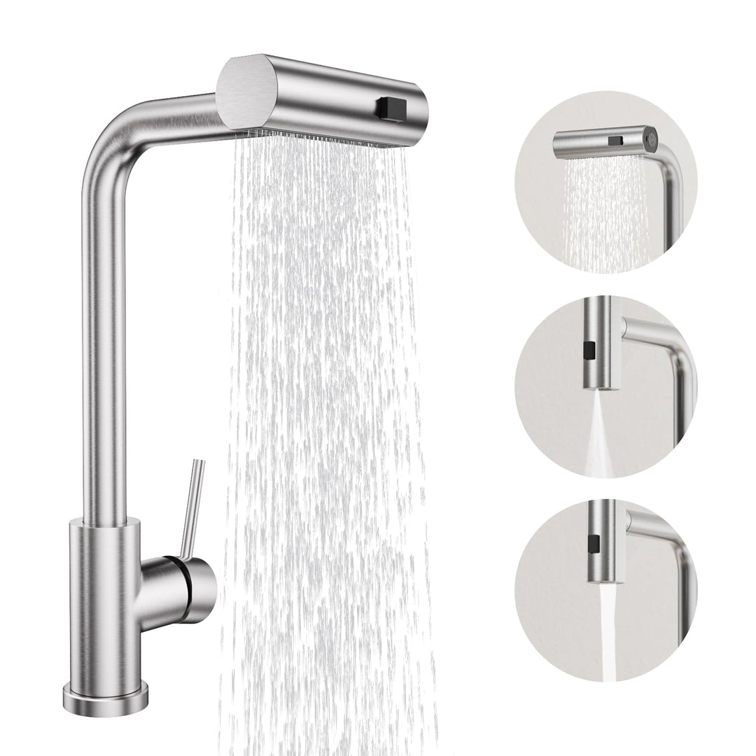 BESy Küchenarmatur mit 3 Strahlarten, Herausziehbarer Brause Wasserfall Wasserhahn Küche, 360° Drehb