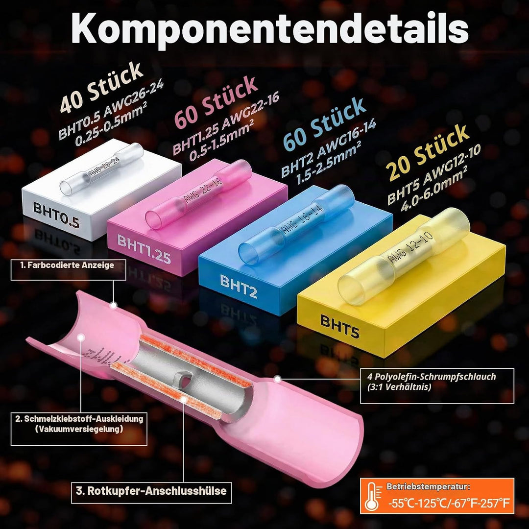 Preciva Crimpzange mit 180 Wärmeschrumpf-Schrumpfverbindern (0,25-6mm²), Quetschverbinder-Crimpzange