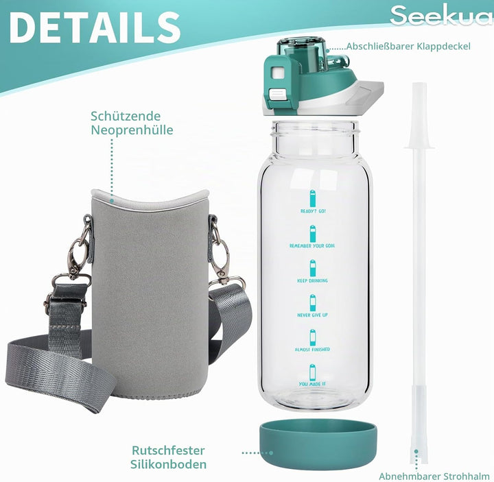 Seekua 0.6l Sport Trinkflasche Glas Flasche mit Strohhalm &amp; Zeitmarkierung für Kinder, Schule 600ml