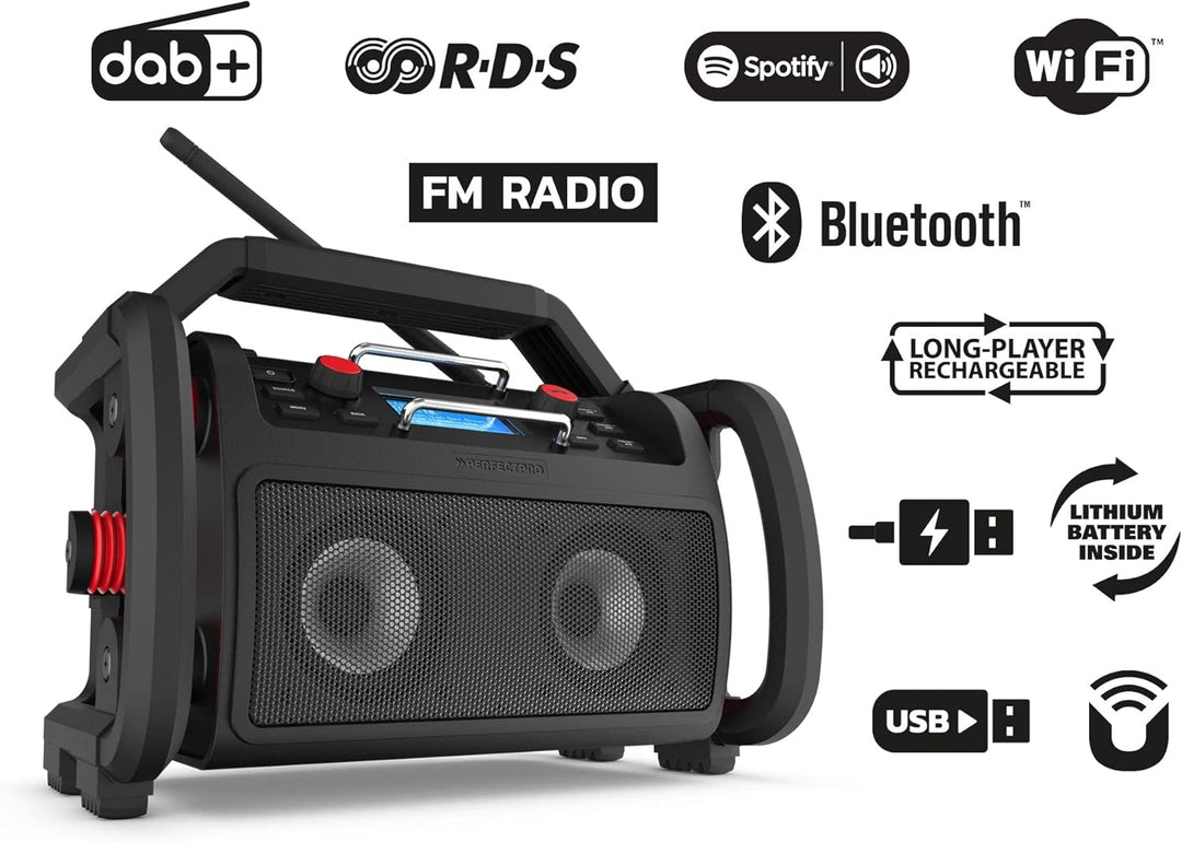 PerfectPro Baustellenradio Rockpro, WiFi internetradio, DAB+ und UKW-Empfang, Bluetooth, Lithium-Akk