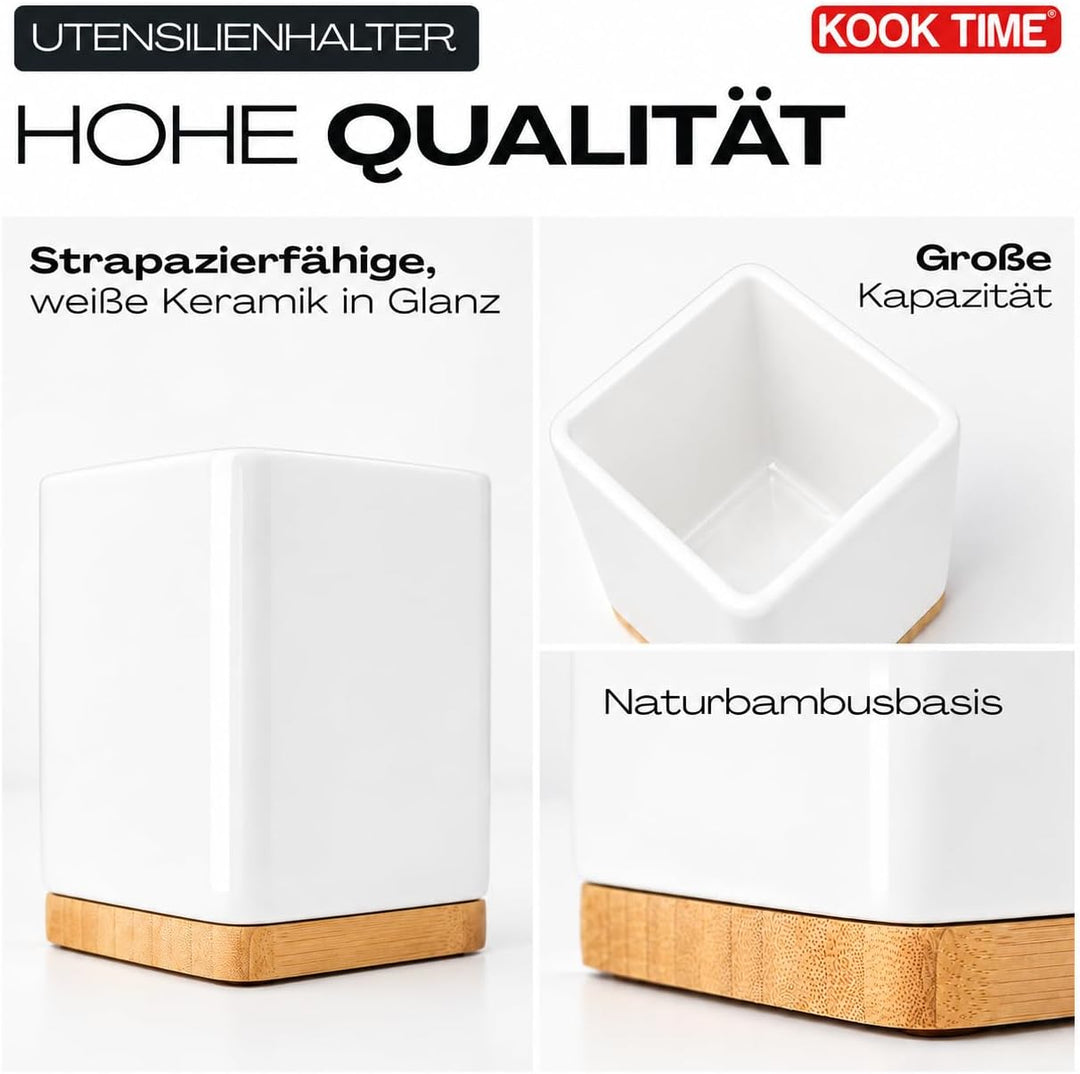 KOOK TIME Küchenutensilienhalter - Utensilienhalter küche aus keramik und Bambus - Quadratischer küc