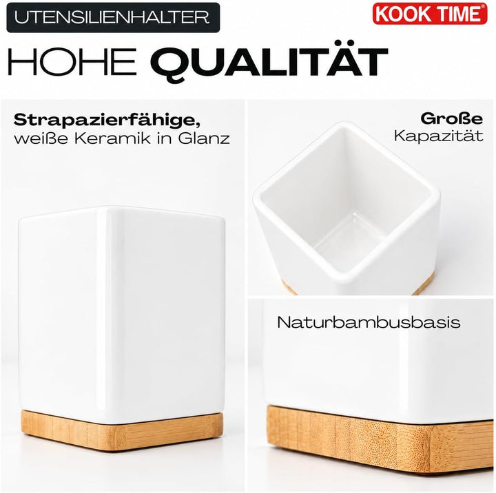 KOOK TIME Küchenutensilienhalter - Utensilienhalter küche aus keramik und Bambus - Quadratischer küc