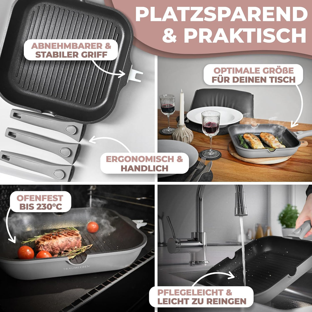 NEU Grillpfanne 28 cm mit Ausguss &amp; abnehmbarem Griff, Antihaftbeschichtung, PFOA-frei, für Induktio
