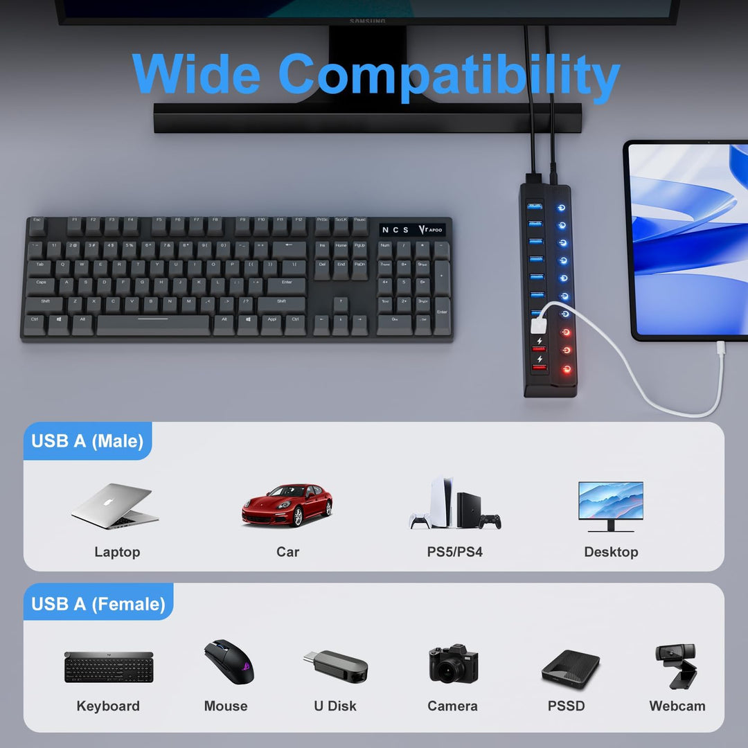 Ziumier USB Hub 3.0 Aktiv mit Netzteil, 10 Ports 36W USB Verteiler(3 Schnellladeanschlüsse + 7 USB H