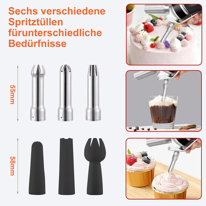 Sahnespender 500 ml, Professioneller Aluminium Sahnesiphon, mit 3 Edelstahl Deko-Düsen 3 Kunststoffd