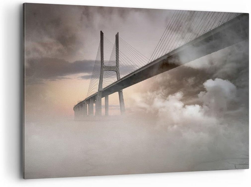 Bilder auf Leinwand 100x70cm Leinwandbild mit Rahmen Brücke Nebel Wasser Gross Wanddeko Bild Schlafz