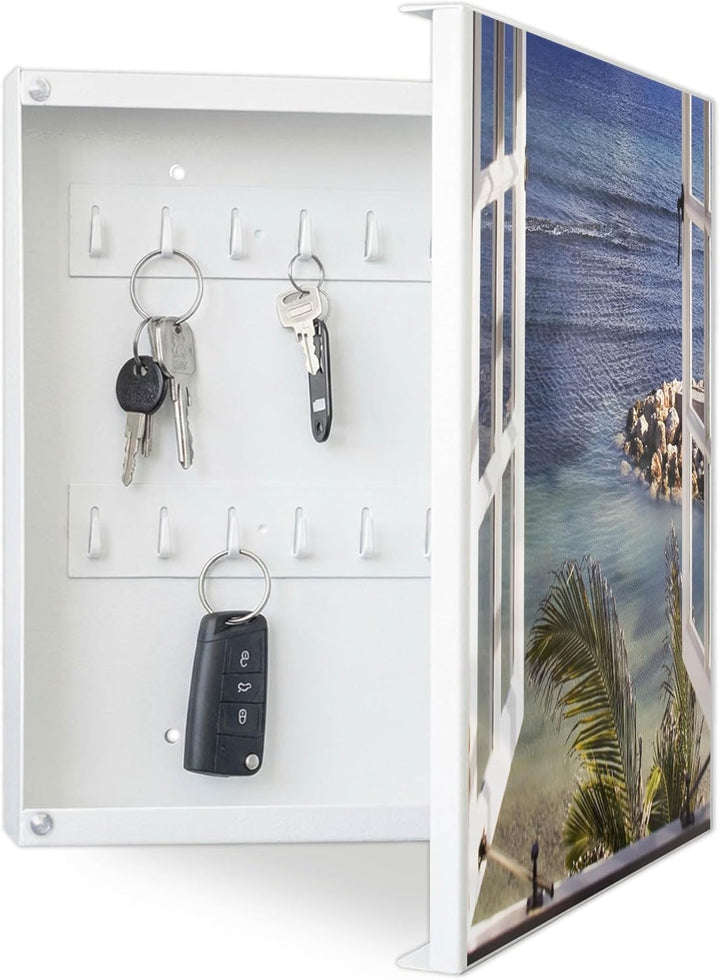 banjado® Grosser Schlüsselkasten Glas/Schlüsselbox 30cm x 30cm mit 50 Haken - Motiv Ausblick/Schlüss