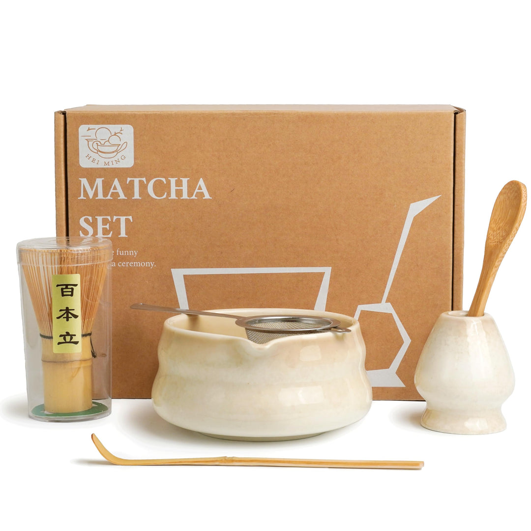 Premium Matcha Set 6-teilig – Exklusives Matcha Tee Set mit Bambus-Chasen (Besen), Beige Keramik-Sch