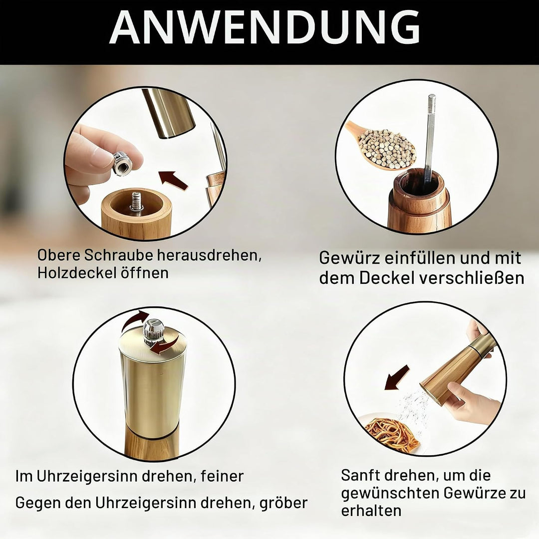 Salz und Pfeffermühlen Set aus Holz mit Sockel manuelle Pfeffermühlen Verstellbarer Keramikkern, Aka