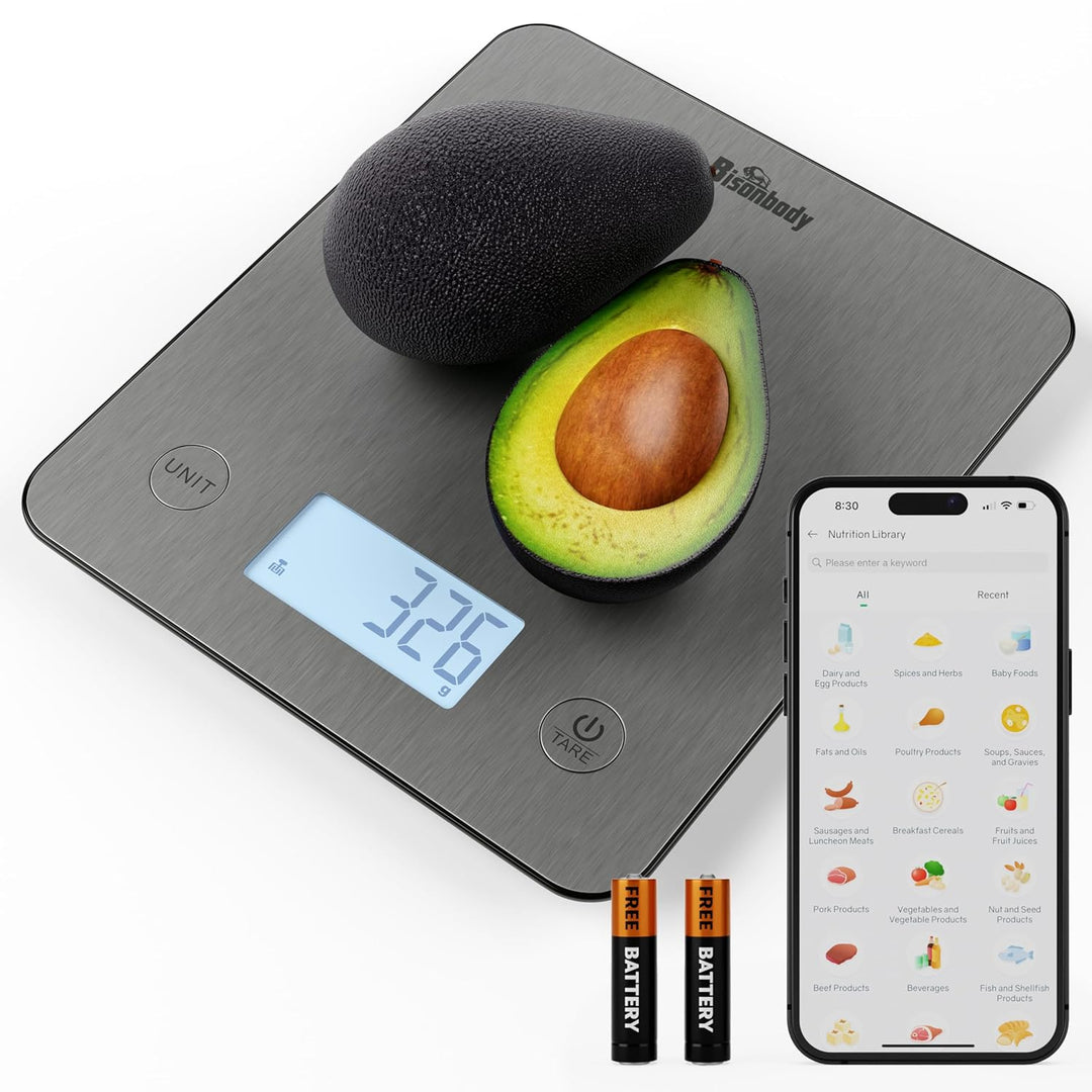 Bisonbody Smart Digital Kitchen Scale, Stainless Steel Metalic Design Weighing Platform, Measure Cal