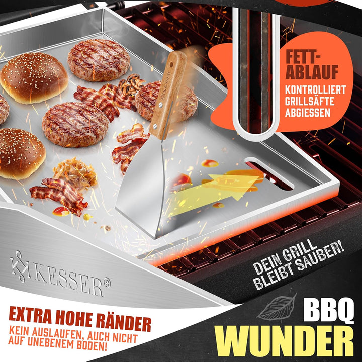 KESSER® Grillplatte Plancha aus Edelstahl 40x30cm rostfrei mit Fettablauf, hitzebeständig bis 800°C