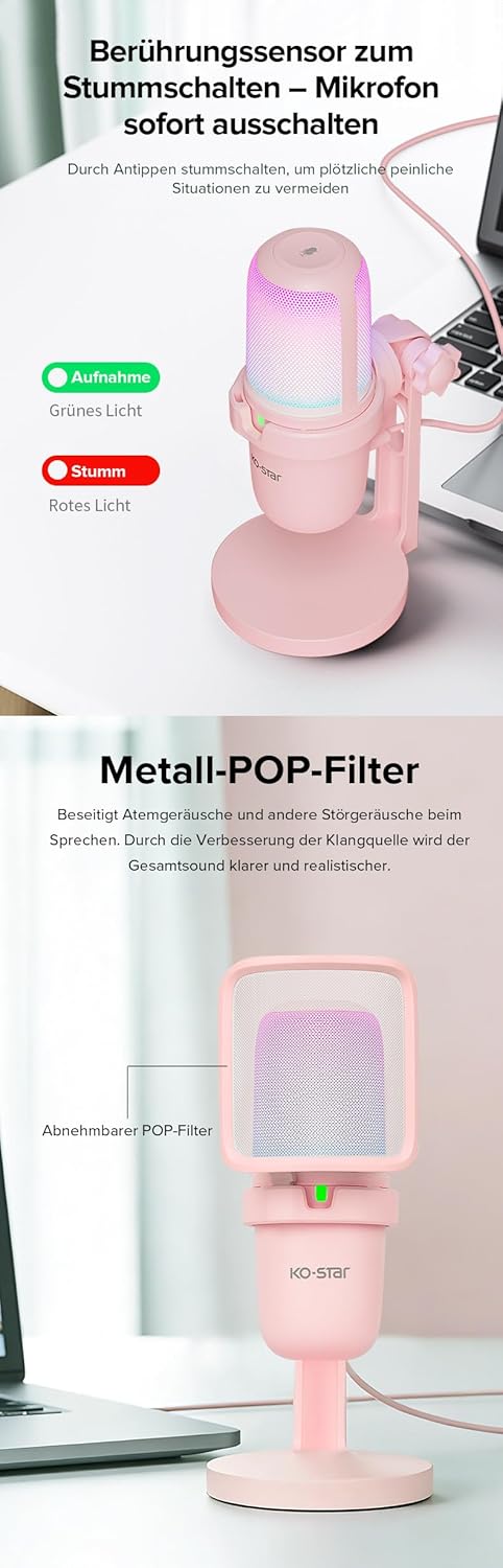 KO-Star M-630S USB Gaming Mikrofon RGB – Nierencharakteristik, Touch-Stummschaltung, Plug & Play, Me