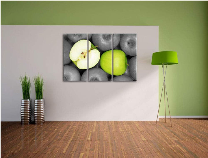 Pixxprint saftige grüne Äpfel als Leinwandbild | Grösse: 3 Teilig (120x80) | Wandbild| Kunstdruck |