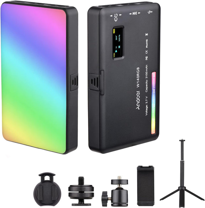 Andoer W140 RGB LED Videoleuchte Beleuchtungsset, Kamera Licht CRI95+ 2500K-9000K Dimmbar mit Deskto