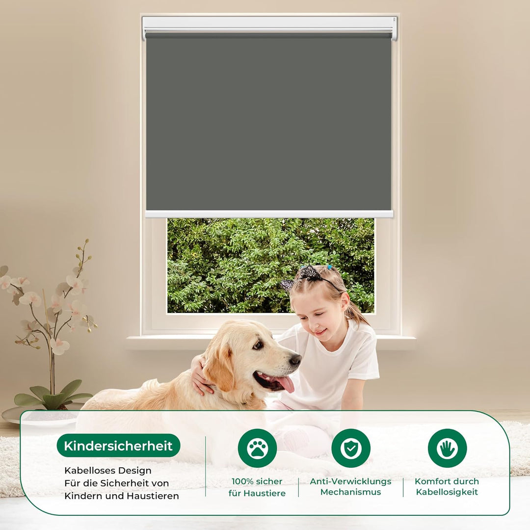 Allesin Elektrische Rollos mit Fernbedienung, Anthrazit Verdunklungsrollo 105x180cm (BxH) Klemmträge