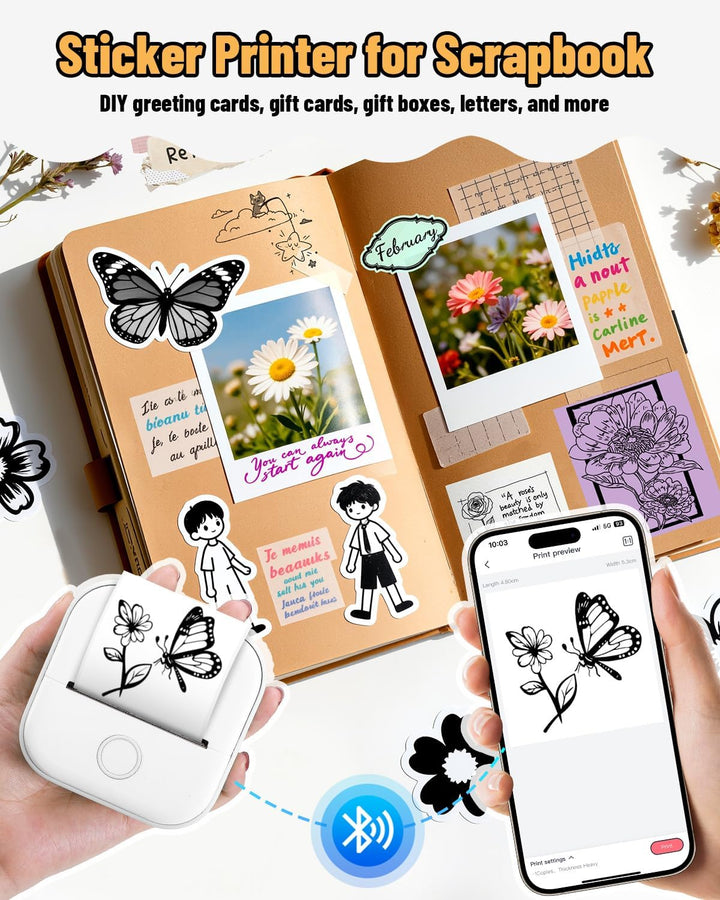 Phomemo Aufkleber Drucker, T02 Mini Thermodrucker für Smartphone, Tragbarer Fotodrucker mit 3 Rollen