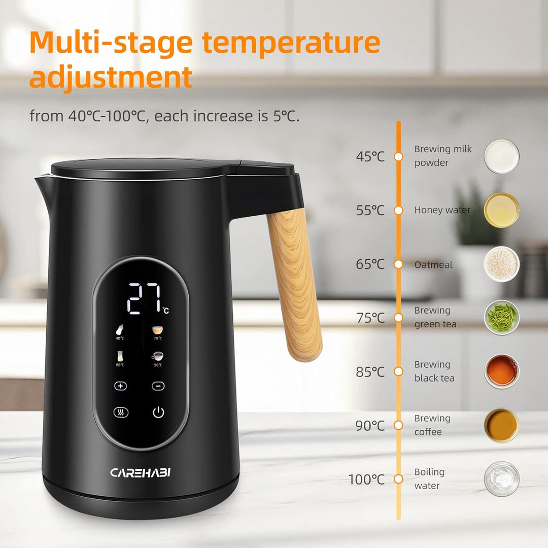 Carehabi Wasserkocher mit Temperatureinstellung 1.7 Liter Wasserkocher Edelstahl Schwarz 40°C-100°C
