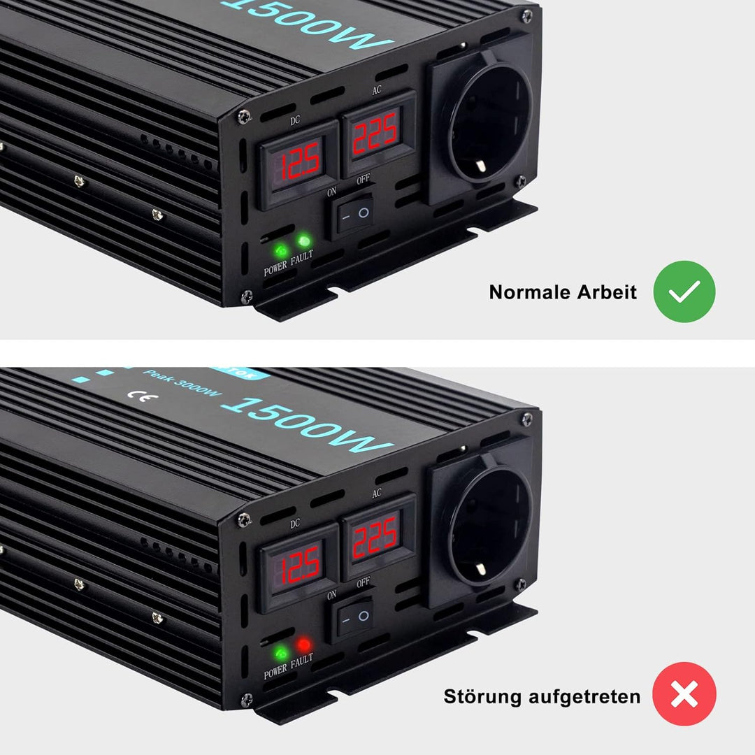Spannungswandler 1500W/3000W Reiner Sinus-Wechselrichter DC 12V auf AC 230V EU-Steckdose Doppel-LCD-