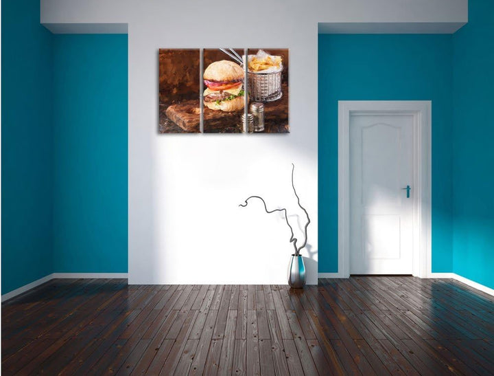Pixxprint Cheesburger mit Pommes als Leinwandbild/Grösse: 3 Teilig (120x80) cm/Wandbild/Kunstdruck/f