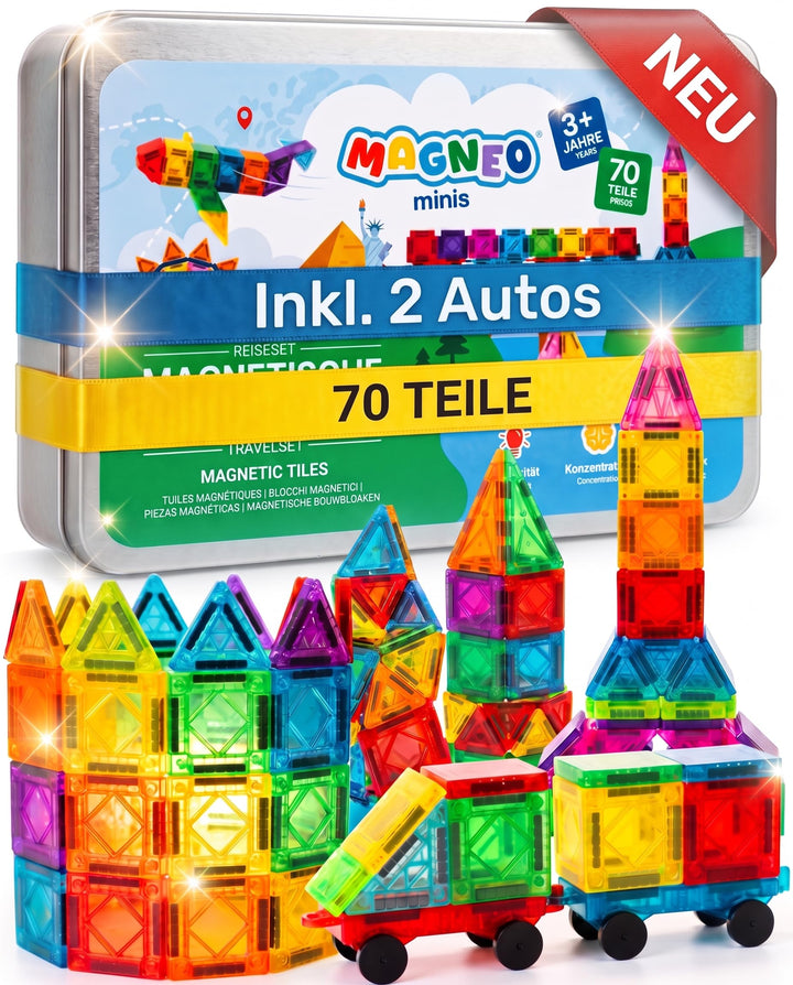 Minis Magnetische Bausteine Reiseset 70 Teile mit Box inkl. 2 Autos