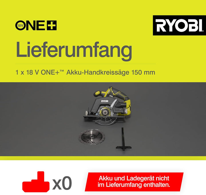 RYOBI 18 V ONE+ Akku-Handkreissäge R18CSP-0, 150 mm Sägeblatt, werkzeuglose Einstellung, präzise Sch