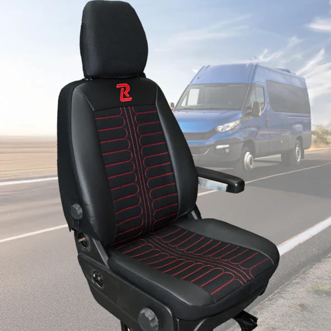 LUCARO Sitzbezüge Auto Set Tornado für Iveco Daily ab 2014 1+2 Schwarz und Rot - Autositzbezüge Stra