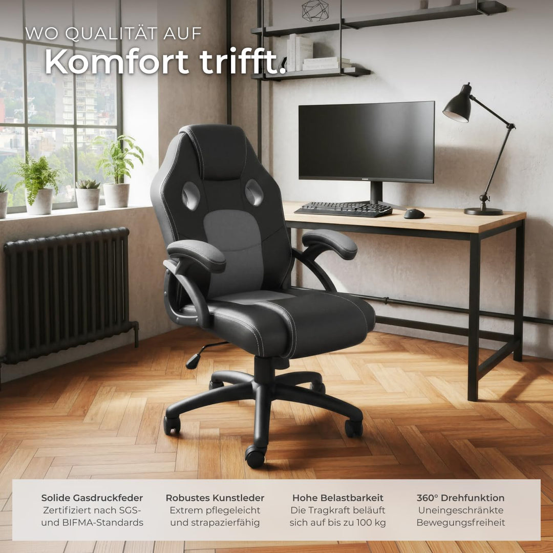 tectake® Racing Bürostuhl, Gaming Stuhl mit Wippfunktion, Chefsessel, Drehstuhl mit Rollen, höhenver