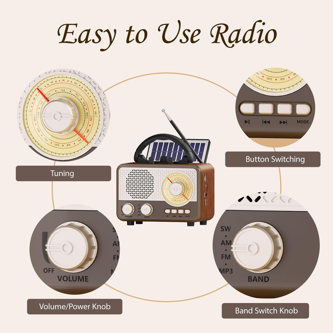 Radio Tragbar AM/FM/SW Outdoor Solar Retro Radio mit Bluetooth Lautsprecher Klein mit Stromkabel,Küc
