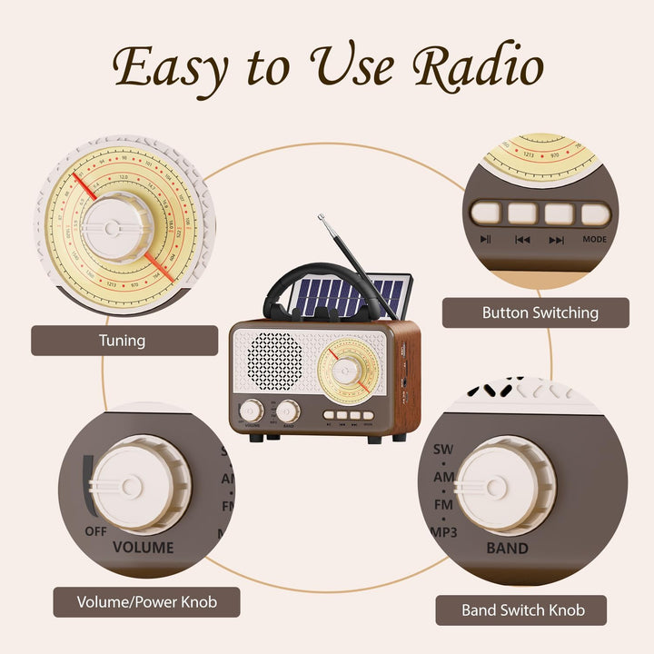 Radio Tragbar AM/FM/SW Outdoor Solar Retro Radio mit Bluetooth Lautsprecher Klein mit Stromkabel,Küc